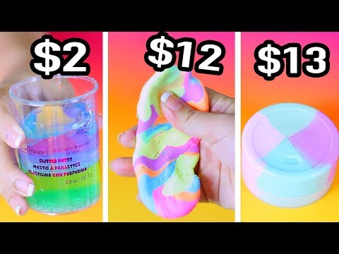 $2 vs $12 vs $13 multi color slime & Fluffy slime and bouncing Clay Putty - learn neon colors